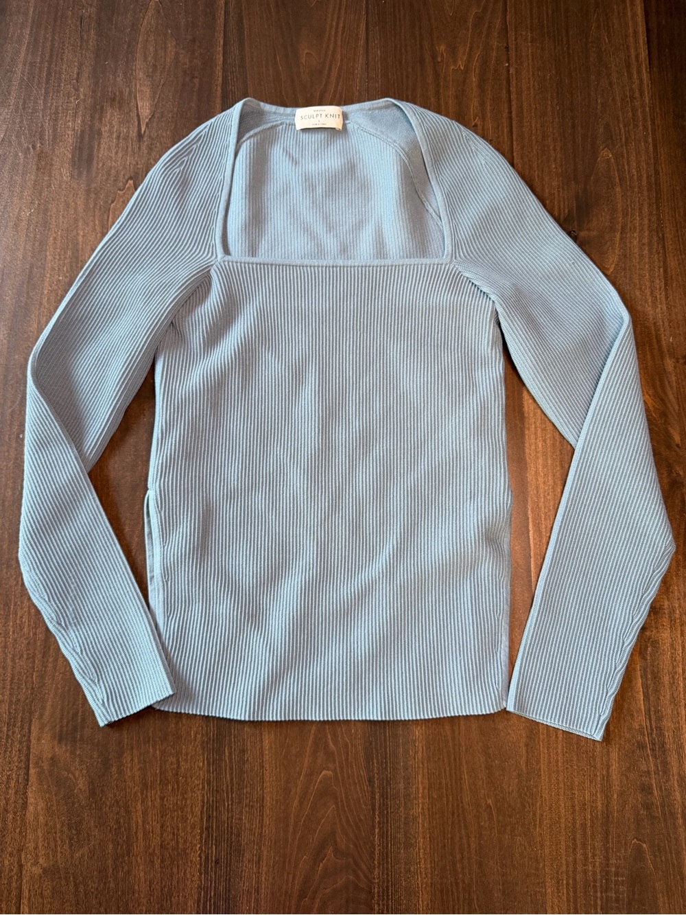 Babaton Blue Ribbed Square-Neck Long Sleeve Top